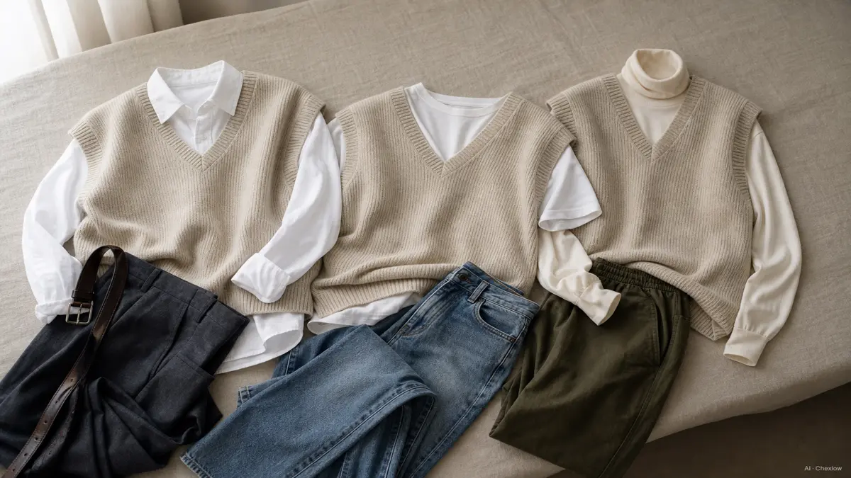 Image: a sweater vest styled three ways on a flat surface, over a collared shirt, over a plain tee, and over a turtleneck, showing the range from smart to casual (AI generated illustration)