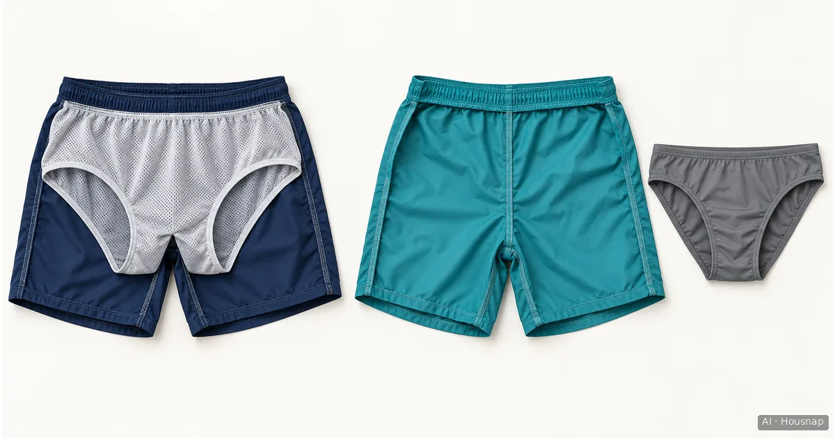 Two swim-short setups: an inside-out pair with an attached mesh brief, and an unlined pair beside a separate swim brief. — AI illustration