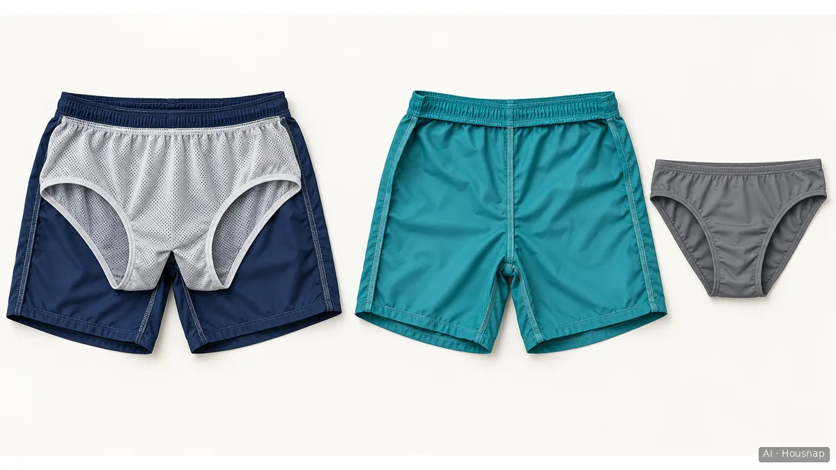 Two swim-short setups: an inside-out pair with an attached mesh brief, and an unlined pair beside a separate swim brief. — AI illustration