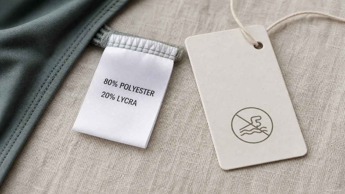Image: a flat-lay close-up of a swimsuit care label and hang tag on a light surface, fabric percentages and a chlorine-resistance icon in focus