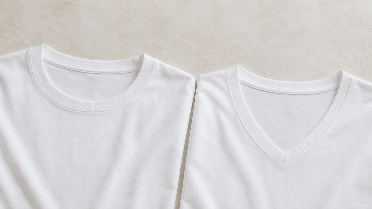 A flat-lay close-up of two plain white cotton tees side by side, one with a round crew neckline and one with a moderate v-neck, photographed on a pale surface with no labels or branding visible (AI generated illustration)