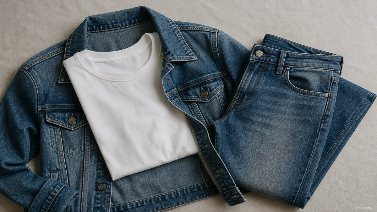 A casual flat-lay of a folded plain crew-neck tee layered under an open denim jacket and beside a pair of jeans, neutral tones, no logos or labels visible (AI generated illustration)
