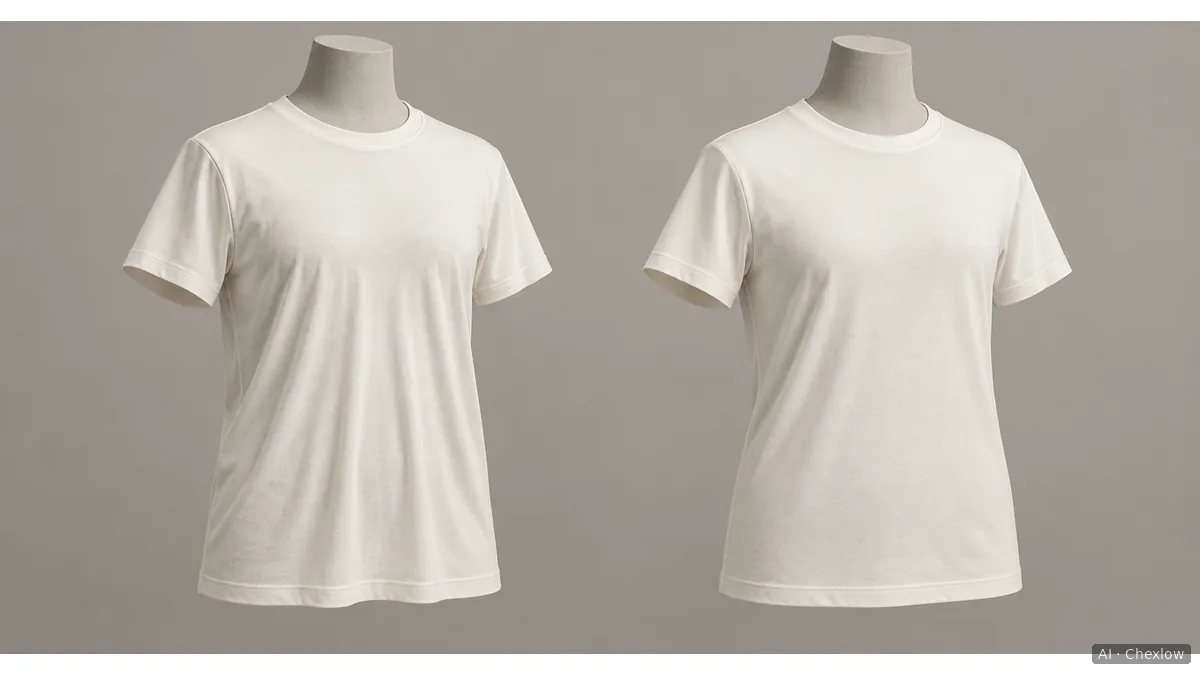 Two ivory T-shirts on matching torso forms, one hanging in soft folds and the other with a straighter outline