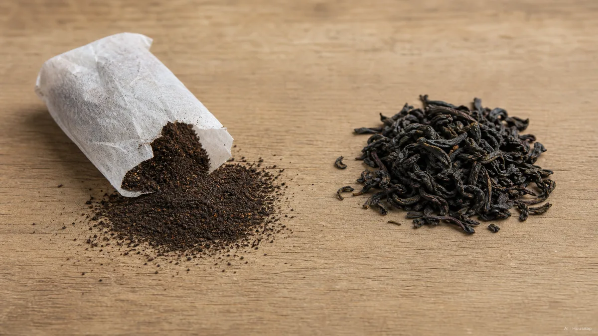 Image: Side by side comparison, a torn-open paper tea bag spilling fine dark tea dust on the left, a small pile of whole curled loose tea leaves on the right, on a plain wooden table, soft overhead light — KI-Illustration