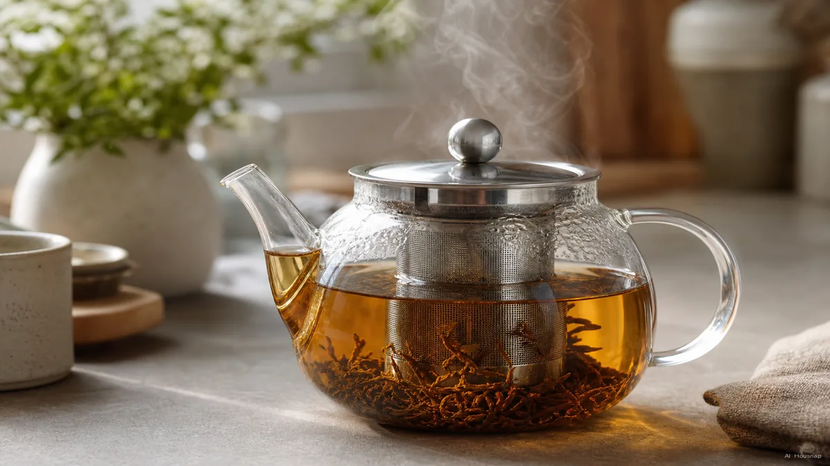 Image: A clear glass teapot with a stainless steel mesh infuser basket steeping loose tea leaves, steam rising, warm kitchen counter setting, no packaging or logos visible — KI-Illustration