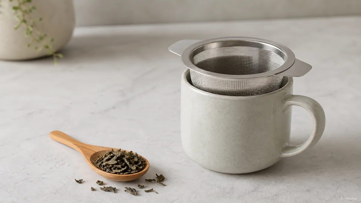 Image: A metal mesh tea infuser basket resting on the rim of a ceramic mug, a small wooden spoon with loose tea leaves beside it, clean minimal countertop, natural daylight — KI-Illustration