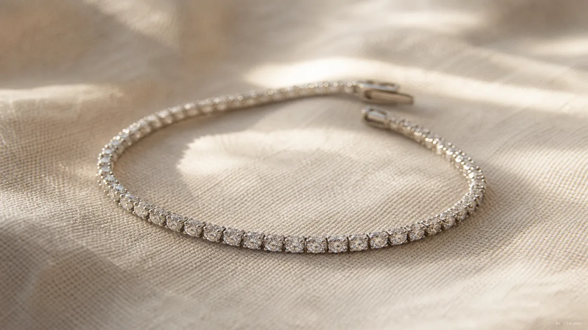 Image: a diamond tennis bracelet resting in a loose coil on a neutral cloth in warm natural light, elegant and understated, no hands or logos