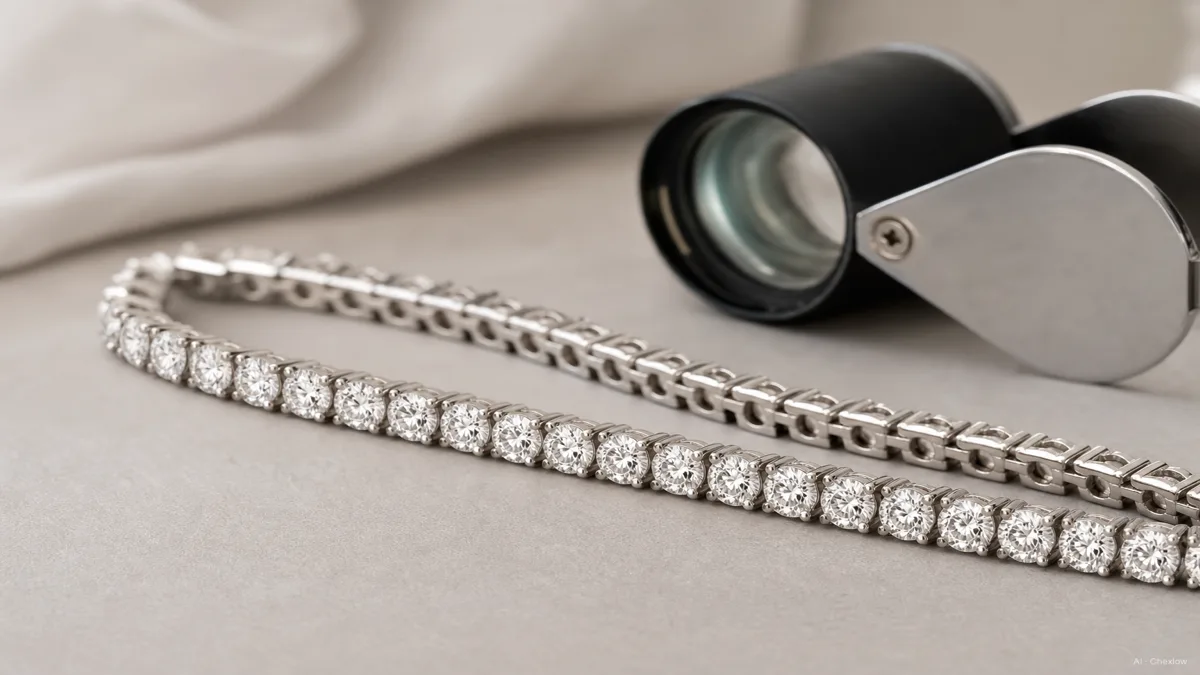 Image: a close-up of a diamond line under soft studio light, evenly matched stones catching the light in a row, a jeweler's loupe resting nearby