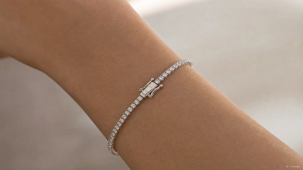 Image: a close-up of a wrist wearing a tennis bracelet with a box clasp and safety latch visible, soft natural light, calm and clean