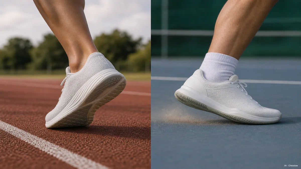Image: A runner's foot pushing off forward on a running track on the left, a tennis player's foot sliding sideways on a hard court on the right, split composition showing the two different directions of force, natural light, no visible brand logos or faces (AI generated illustration)