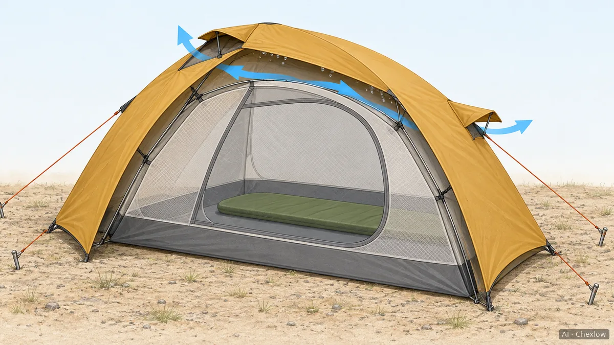 Cutaway illustration of a double-wall tent with a gap between the outer fly and mesh inner, supported vents, and blue airflow arrows