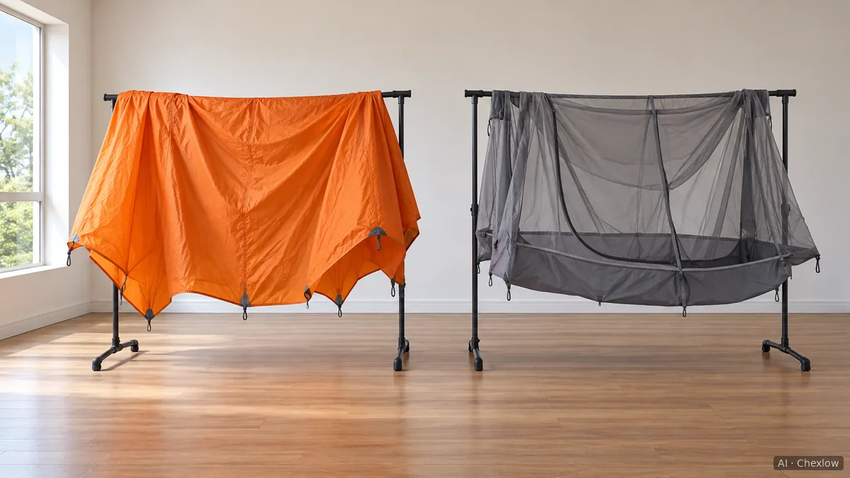 A detached orange tent flysheet and grey mesh inner tent draped separately over two indoor drying rails with space between them.