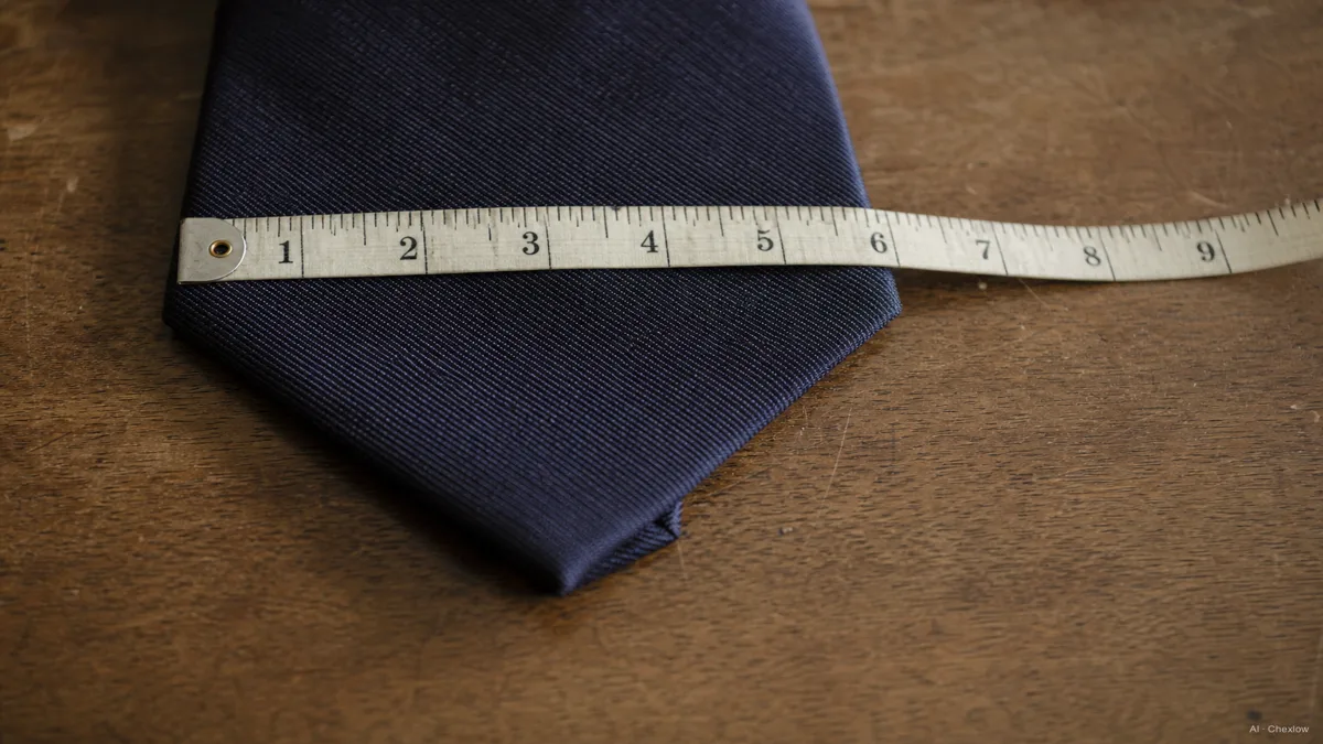 Image: a tailor's tape measure laid flat across the widest point of a folded silk tie blade on a wooden dresser, soft natural light