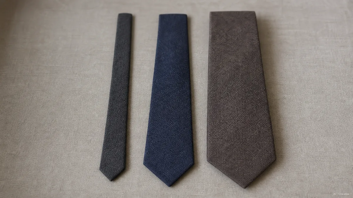 Image: three neckties of visibly different widths, skinny, classic, and wide, laid out side by side on a flat surface for comparison