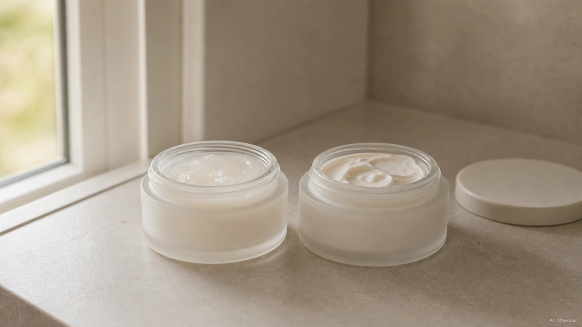 Image: Two open jars side by side on a bathroom shelf, one a sheer glowy lotion and one a denser cream, soft morning light, no visible brand marks or logos