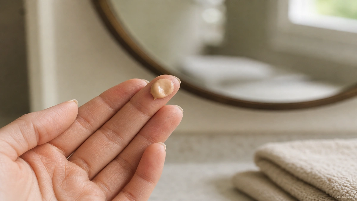 Image: A person applying a small dab of tinted product with their fingertips in front of a mirror, natural window light, minimal bathroom counter, no visible brand marks