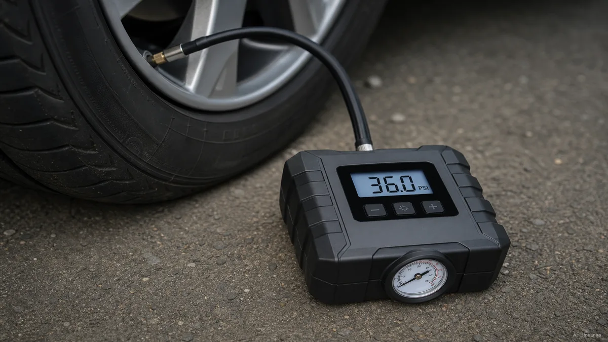 Image: a close-up of a portable tire inflator's digital display showing PSI and a small hose gauge, resting on the ground next to a car tire mid-inflation — AI illustration