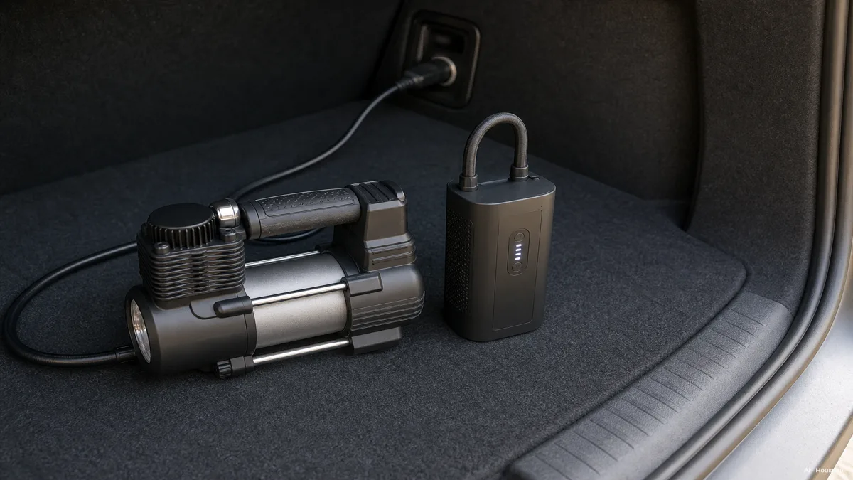 Image: two tire inflators side by side on a car trunk floor, one corded model with its cable running to a 12V outlet, the other a compact cordless unit with a visible battery charge indicator — AI illustration