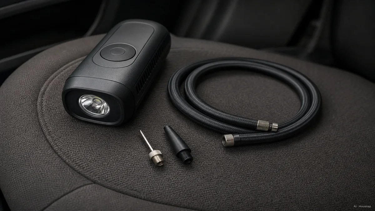 Image: a tire inflator's accessory kit laid out on a car seat, showing a coiled hose, a needle valve adapter, a nozzle for sports balls, and a small LED light built into the unit's body — AI illustration