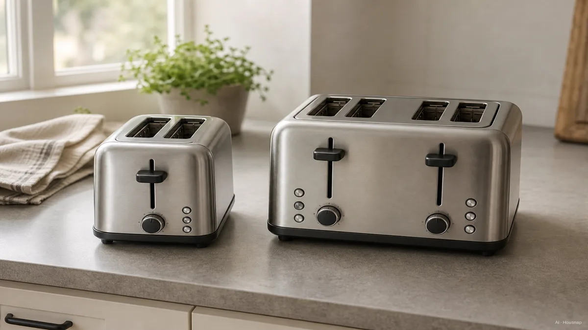 Image: A 2-slice toaster and a 4-slice toaster shown side by side on a kitchen counter, illustrating the footprint difference — Ilustração IA