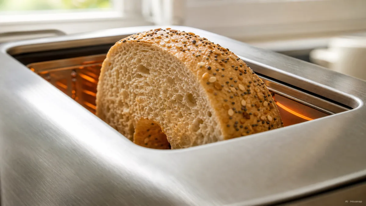 Image: Close-up of a wide toaster slot toasting a halved bagel with the inner cut face facing the heating element — Ilustração IA
