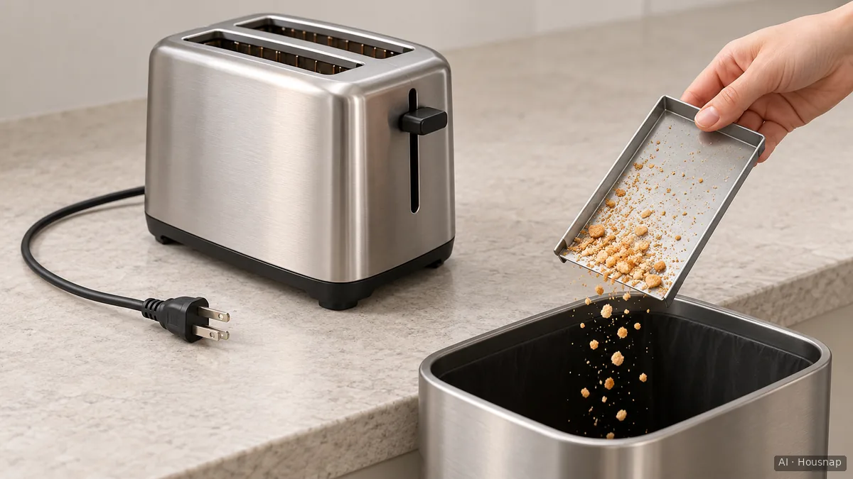 A hand tips crumbs from a detached shallow tray into a bin beside an upright toaster with its unplugged cord visible. — AI illustration
