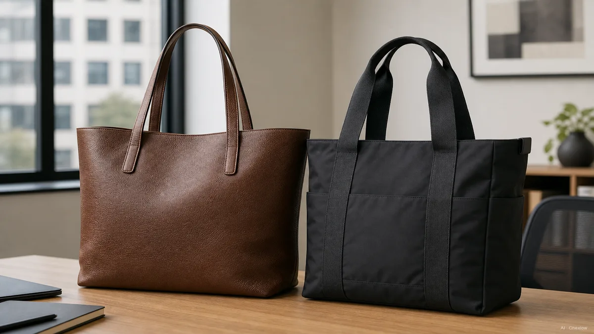 Image: A full-grain leather tote and a technical nylon tote standing upright side by side on an office desk, no visible brand marks, soft daylight