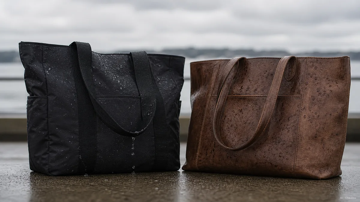 Image: A nylon commuter tote shedding rainwater in beading droplets next to a leather tote catching visible water spots, side by side under gray sky light