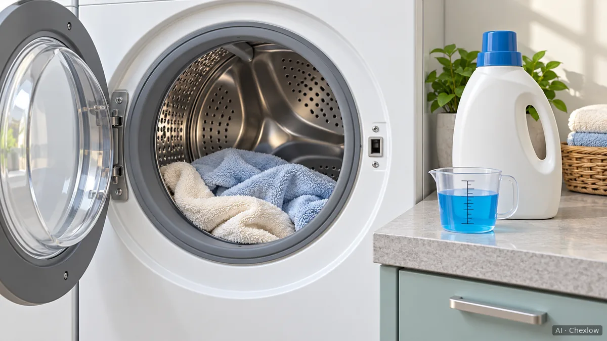 Illustration of detergent in a clear measuring cup beside a capped detergent bottle and bath towels loaded loosely in an open washing machine