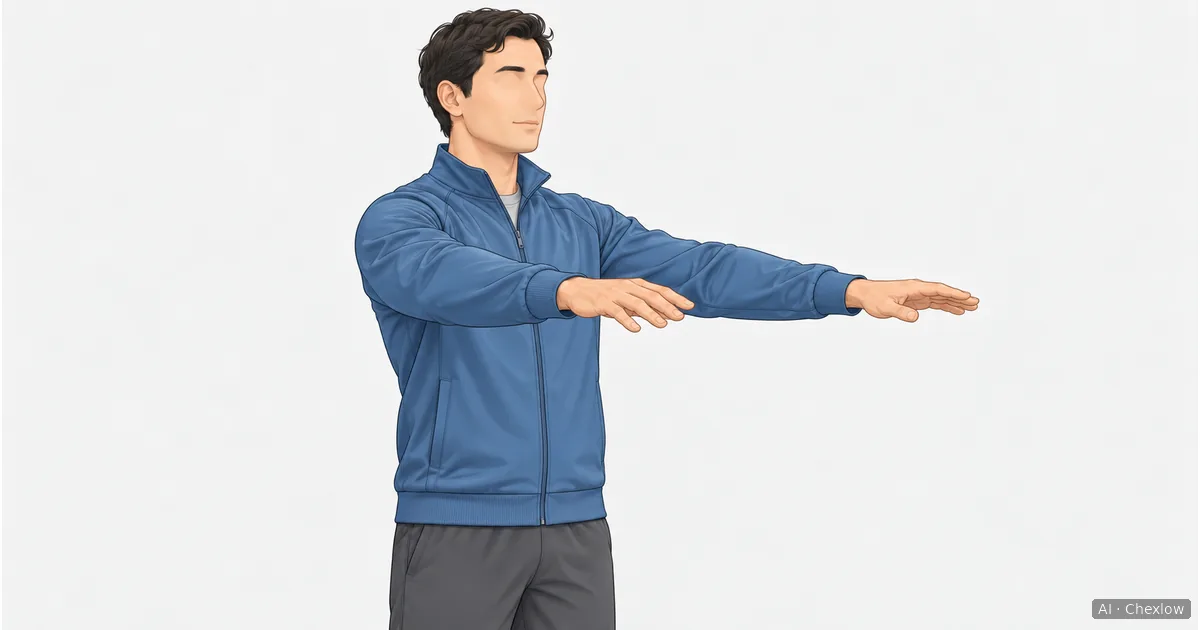An adult wearing a plain zipped track jacket and reaching both arms forward, with the shoulders, sleeves and hem visible.