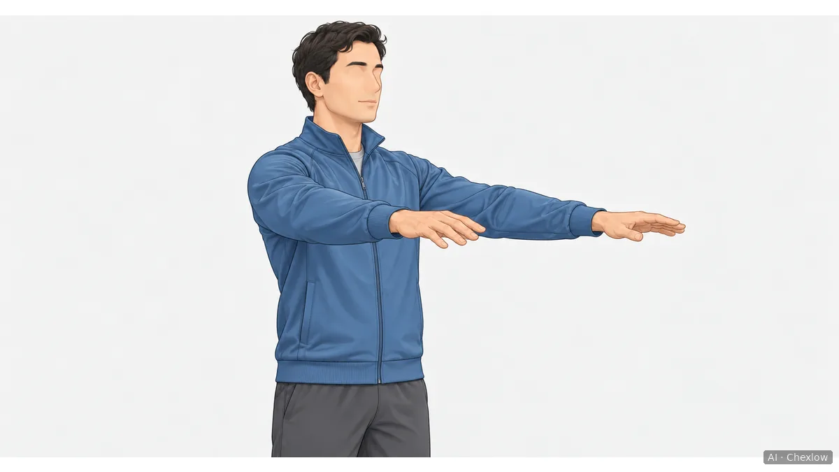 An adult in a plain zipped track jacket reaching both arms forward at shoulder height, seen from a three-quarter angle with the sleeves and hem visible.