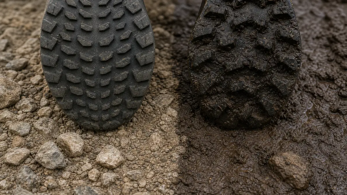 Image: Close-up of two trail running shoe outsoles side by side, one with shallow closely spaced lugs resting on dry rocky ground, one with deep widely spaced lugs pressed into wet mud, natural outdoor light, no visible brand marks or logos (AI generated illustration)