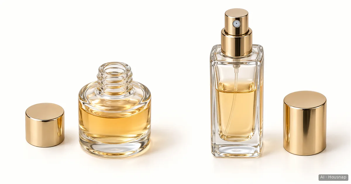 An unbranded miniature bottle with an exposed open neck beside a slim perfume bottle with a visible spray nozzle, with both caps placed separately. — AI illustration