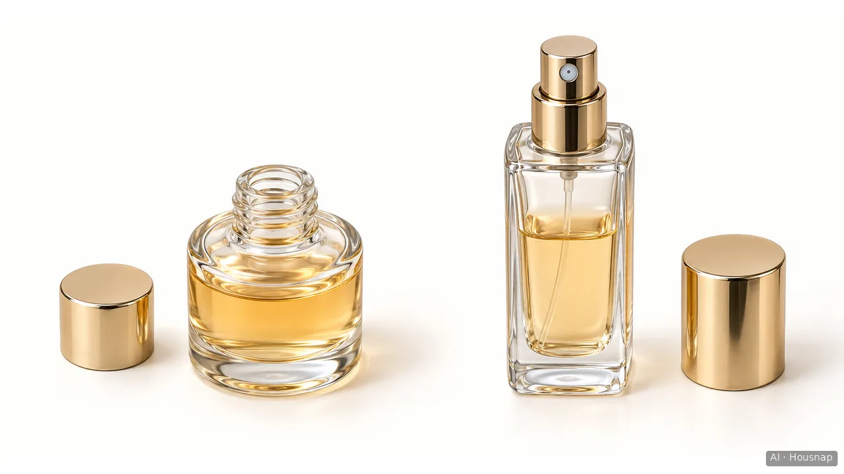 An unbranded miniature bottle with an exposed open neck beside a slim perfume bottle with a visible spray nozzle, with both caps placed separately. — AI illustration