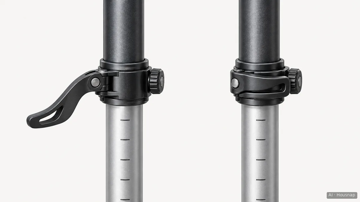 Two close-up views of an unbranded trekking-pole lever clamp, open on the left and closed on the right, with the shaft scale visible. — AI illustration