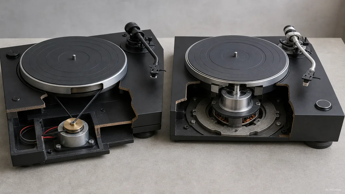 Image: a cutaway diagram comparing a belt-drive turntable, motor off to the side connected to the platter by a rubber belt, against a direct-drive turntable, motor mounted directly under the platter through the spindle — AI illustration