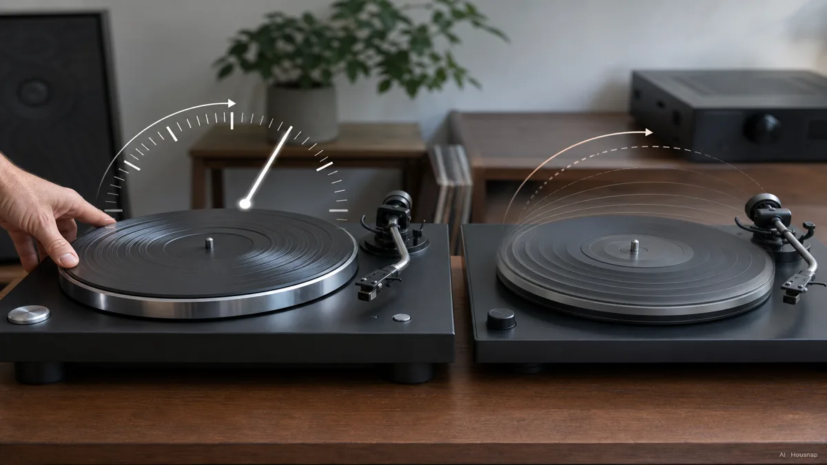 Image: a hand nudging a turntable platter backward on a direct-drive deck, with a stopwatch-style overlay showing the platter snapping back to full speed in under a second, contrasted beside a belt-drive platter shown gradually spinning up over a few seconds — AI illustration