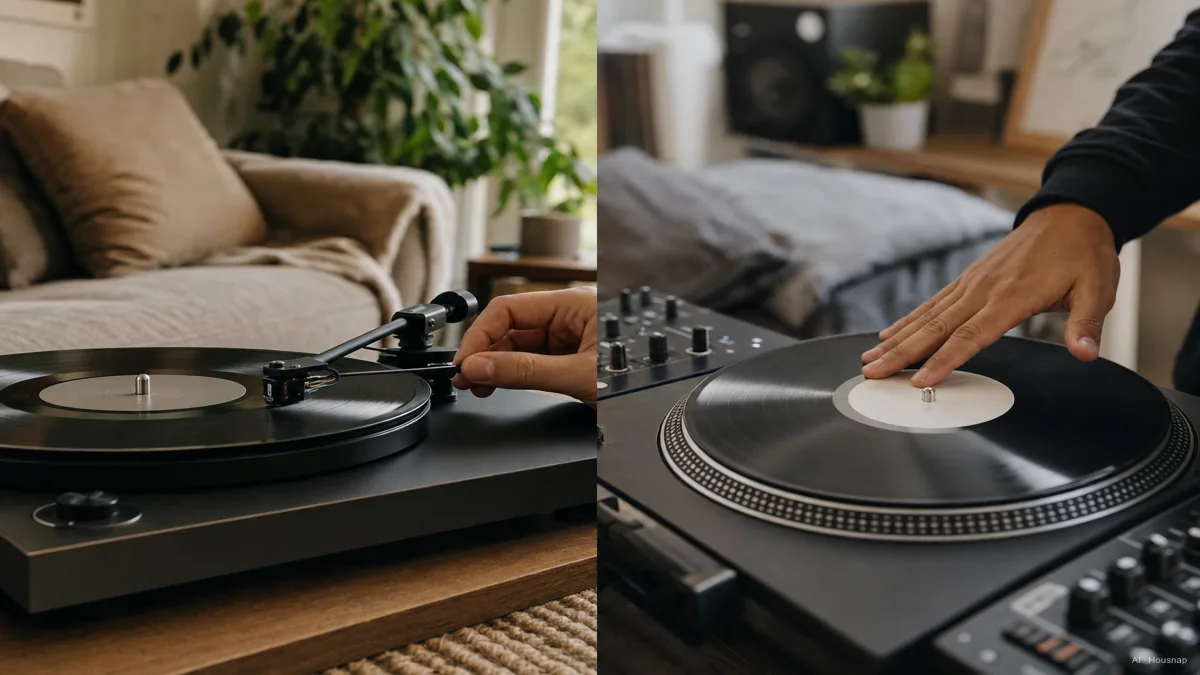 Image: a split scene, one side a belt-drive turntable in a cozy living room with someone lowering a tonearm to enjoy a full album, the other side a DJ's hand scratching a direct-drive turntable at a bedroom DJ setup — AI illustration