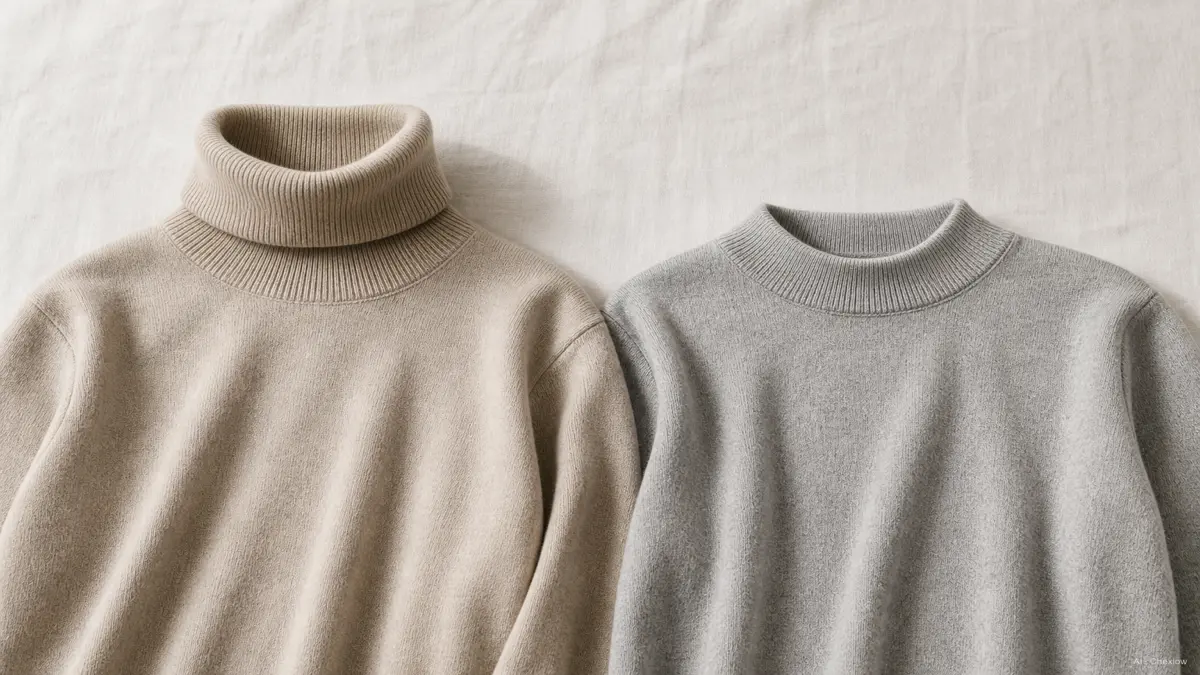 Image: a turtleneck and a mock neck sweater laid flat side by side on a pale neutral surface in soft daylight, the turtleneck collar folded into a visible double layer standing tall, the mock neck collar low and single layer, showing the height and fold difference (AI generated illustration)