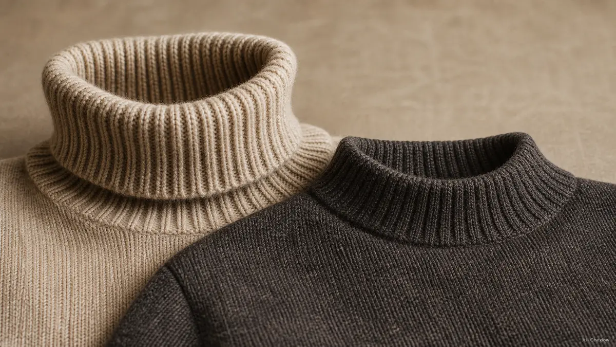 Image: two knit collars in close detail on a warm neutral background under soft studio light, one tall and doubled over, one short and single layer, evoking the mid-century sportswear and workwear roots of both styles (AI generated illustration)