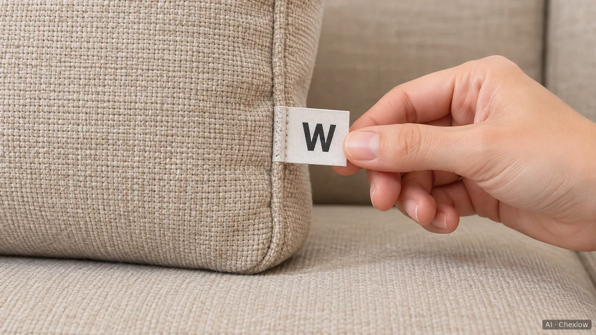 A hand holds out a care label marked W at the seam of a fabric sofa cushion, shown in close-up.