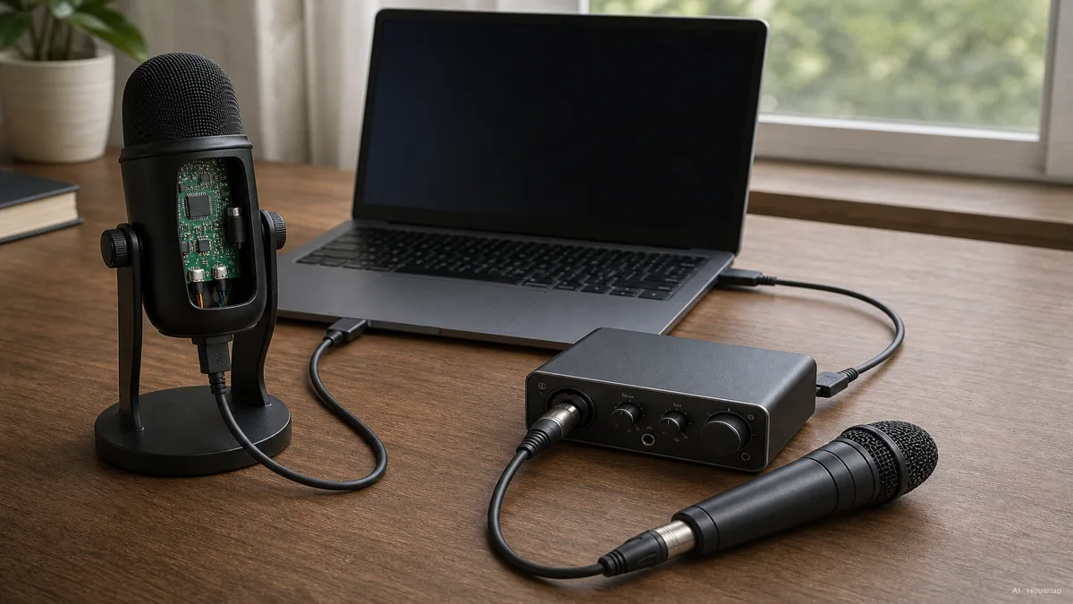 Image: a USB microphone with a cutaway view showing a built-in circuit board plugged directly into a laptop by a single cable, next to an XLR microphone connected by a separate cable into a small external audio interface box that then connects to the same laptop — AI illustration