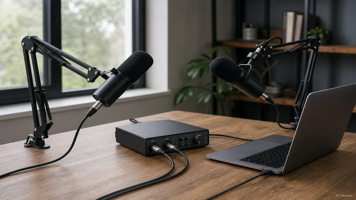Image: a two-person podcast desk with two microphones on boom arms, each connected by an XLR cable into a single multi-input audio interface with visible gain knobs, both channels feeding one laptop — AI illustration