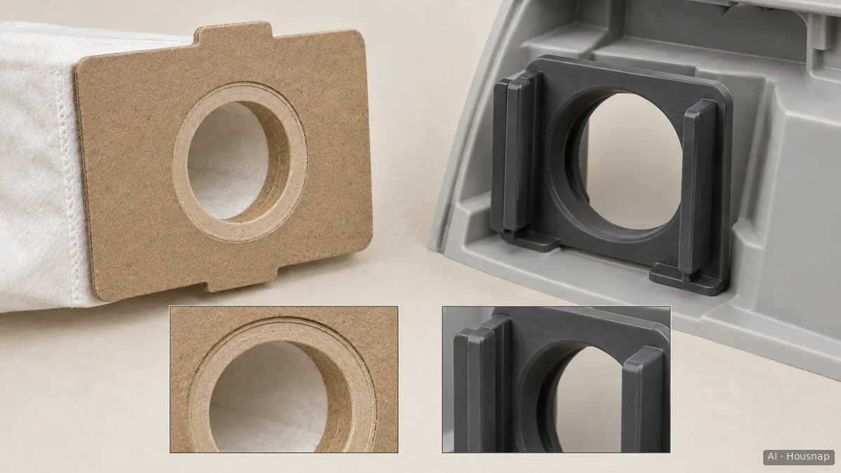 Illustration of a vacuum bag’s stiff collar beside an open holder, with close-up views of the opening and guide edges — AI illustration