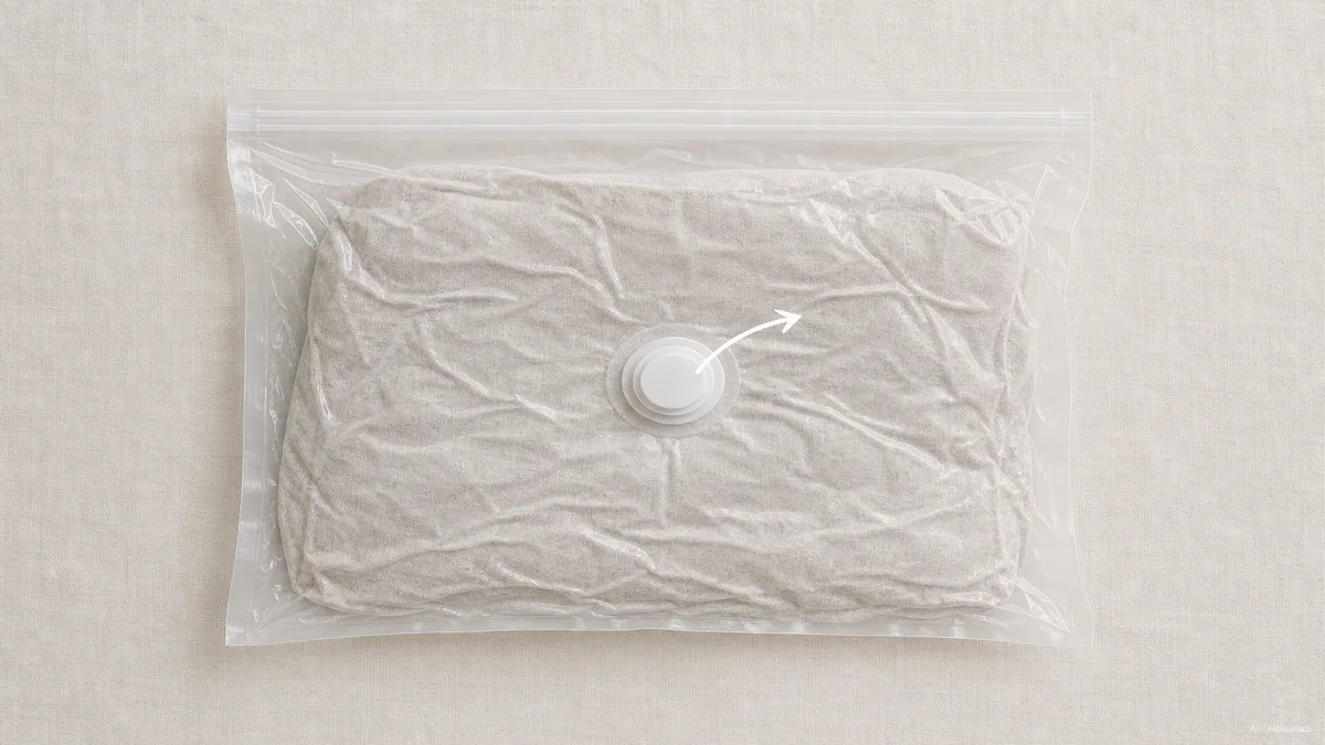 Image: A clean instructional diagram of a vacuum storage bag, showing a double-zip seal along the top and a one-way valve on the front, with an arrow of air being pulled out and the bag collapsing flat, calm explanatory tone — AI illustration
