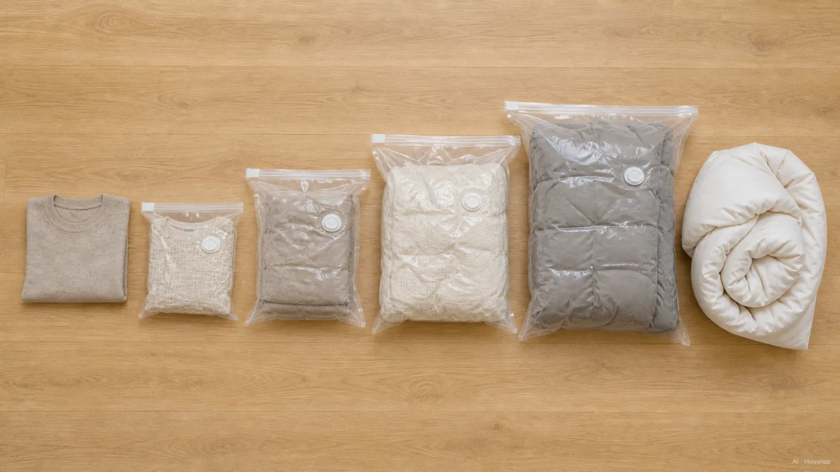 Image: A simple flat-lay comparison of four vacuum bags laid out in a row from small to jumbo, each labeled with its dimension and the kind of item it suits, a folded sweater beside the small one and a rolled duvet beside the jumbo, friendly explanatory style — AI illustration