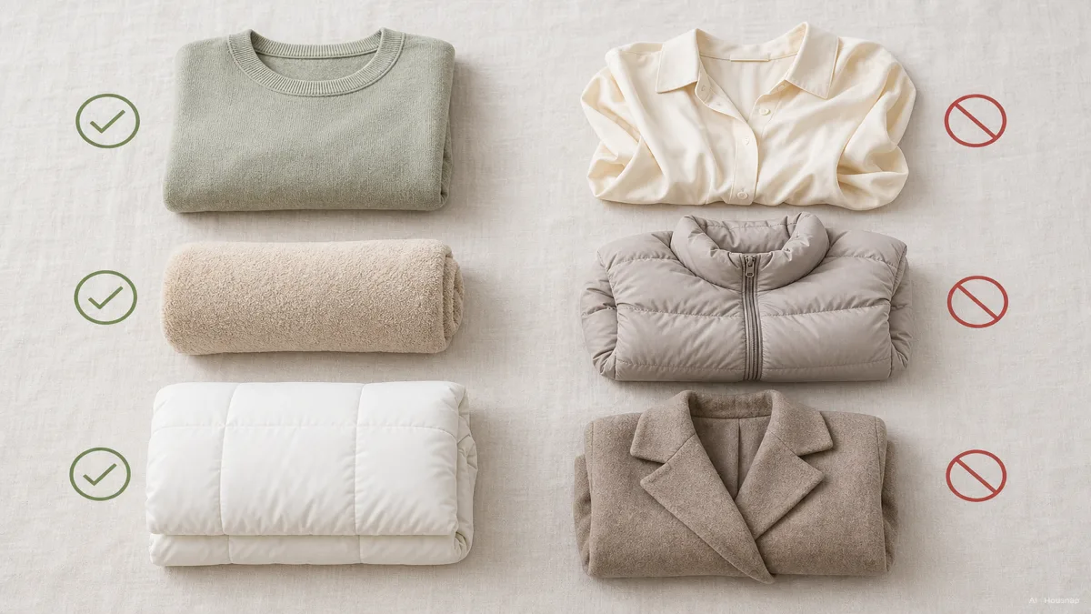Image: A clear two-column visual, one side showing a folded cotton sweater, towel, and synthetic duvet with a check mark, the other showing a silk blouse, a down jacket, and a wool coat with a no-entry mark, instructional and calm — AI illustration