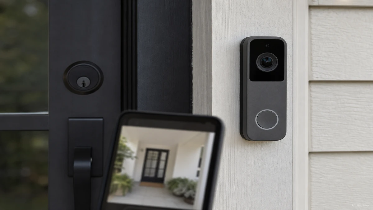 Image: a close-up of a video doorbell mounted beside a front door, its wide-angle camera lens visible, with a smartphone in the foreground showing a live video alert — AI illustration