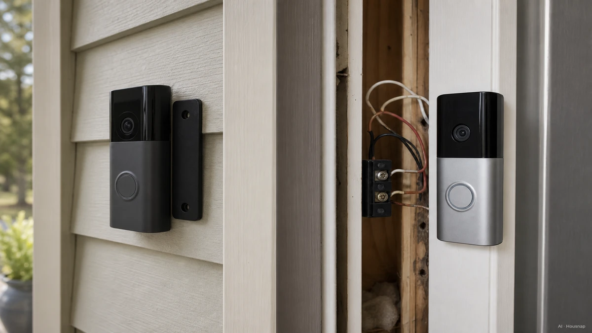 Image: a split scene showing a battery-powered doorbell being installed in under five minutes with no tools, next to a wired doorbell connected to existing chime wiring behind a door frame — AI illustration