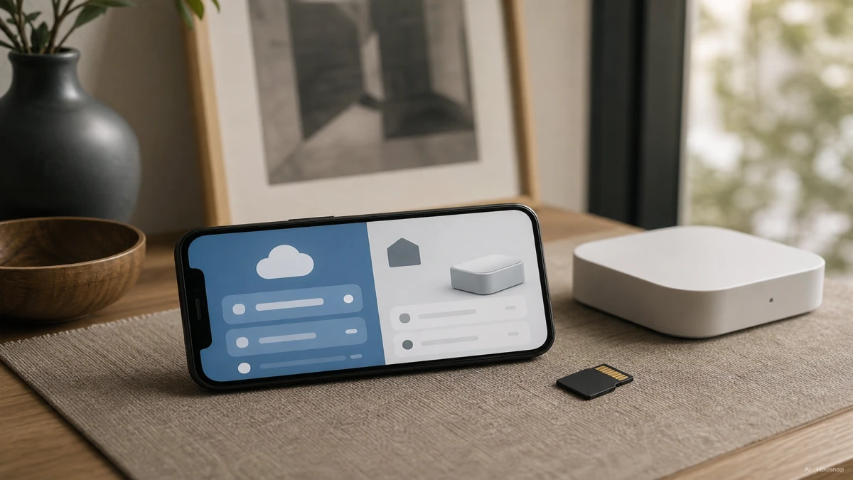 Image: a phone screen split to show a cloud storage subscription plan on one side and a physical microSD card and home hub on the other, representing the two storage paths for doorbell footage — AI illustration